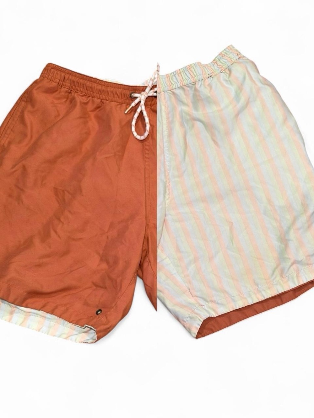 Men's Two-Tone Reversible Swim Trunks in Rust and Pastel Stripe SMALL